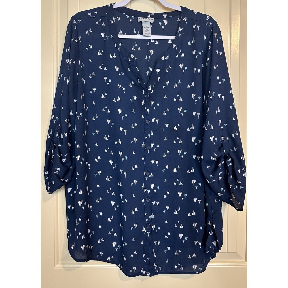 Catherine Top Women's 1X 18-20 Blue White‎ Sailboat Print Roll-Tab Sleeve Blouse